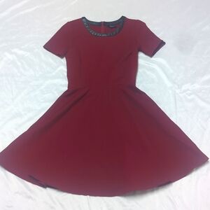 Madewell Burgundy Fit & Flair Rockabilly Leather Trimmed Holiday Skater Dress XS